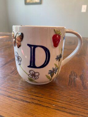 Anthropologie Floral "D" Monogram Mug With 3D Butterfly & Strawberry Accents 12
